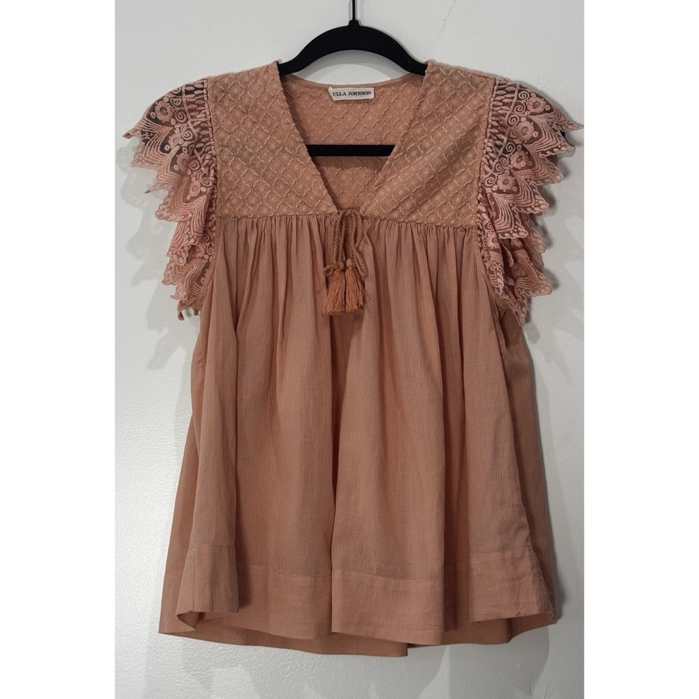 Ulla Johnson Elara Coral Flutter Short Sleeved Embroidered Peasant Top Size 4